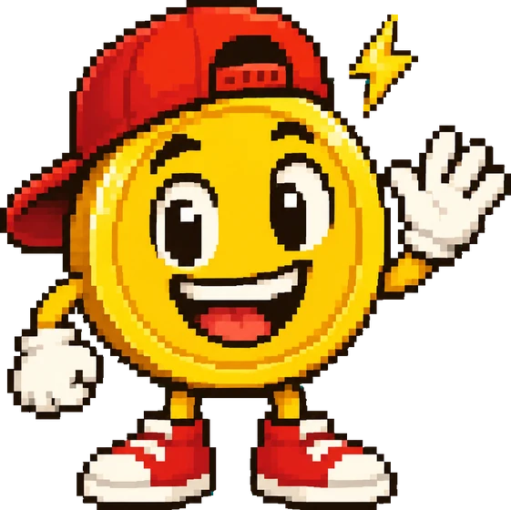 Coinboy, a pixel-art gold coin in a red backwards cap, waving